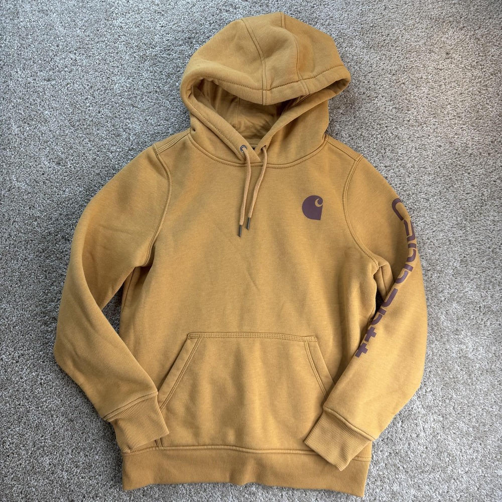 Carhartt Hoodie Womens Small Brown Fleece Relaxed Logo Sleeve Graphic Pullover